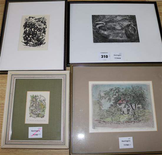 4 etchings by Brian Higbee, Monica Poole, M.Butcher and Elaine Newman